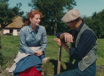 Movie still from “The Quiet Man” (1952), directed by John Ford – A man and a woman sitting on the grass; Medium shot, High angle