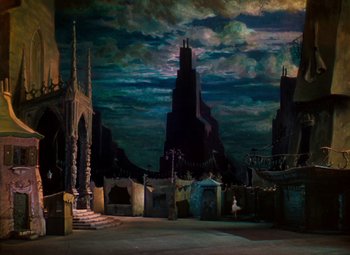 Movie still from “The Red Shoes” (1948), directed by Michael Powell – An oil painting of a dark city with a sky full of dark clouds; Extreme Wide shot, High angle