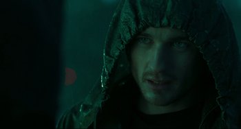 Movie still from “The Ring” (2002), directed by Gore Verbinski – A person wearing a hooded jacket; Close Up shot, Over the shoulder angle