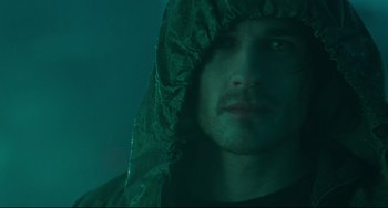 Movie still from “The Ring” (2002), directed by Gore Verbinski – A person wearing a hooded jacket; Close Up shot, Over the shoulder angle