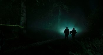 Movie still from “The Ring” (2002), directed by Gore Verbinski – Two people are walking through the woods at night; Extreme Wide shot, Low angle