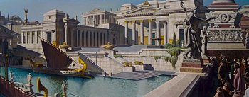 Movie still from “The Robe” (1953), directed by Henry Koster – A painting of a fountain and a building; Extreme Wide shot, High angle