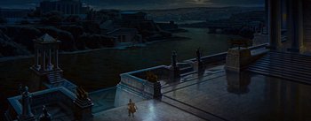 Movie still from “The Robe” (1953), directed by Henry Koster – An image of a man walking on a balcony at night; Extreme Wide shot, High angle