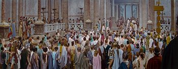 Movie still from “The Robe” (1953), directed by Henry Koster – A crowd of people gathered around a podium; Extreme Wide shot, High angle