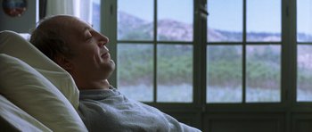 Movie still from “The Sea Inside” (2004), directed by Alejandro Amenábar – A man sitting in front of a window with a mountain view; Close Up shot, Low angle