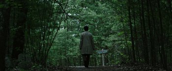 Movie still from “The Sea of Trees” (2015), directed by Gus Van Sant – A man is standing in the woods near a sign; Extreme Wide shot, High angle
