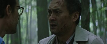 Movie still from “The Sea of Trees” (2015), directed by Gus Van Sant – A person with blood all over his face; Close Up shot, Low angle