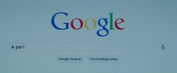 Movie still from “The Sea of Trees” (2015), directed by Gus Van Sant – View of the google logo on a computer screen; Extreme Close Up shot, Low angle