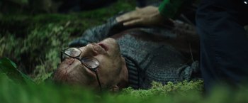 Movie still from “The Sea of Trees” (2015), directed by Gus Van Sant – A man with glasses laying in the grass; Close Up shot, Overhead angle