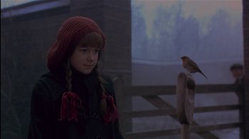 Movie still from “The Secret Garden” (1993), directed by Agnieszka Holland – A little girl standing in front of a bird; Close Up shot, Over the shoulder angle