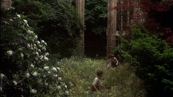 Movie still from “The Secret Garden” (1993), directed by Agnieszka Holland – Two people in a field of flowers near a forest; Wide shot, High angle