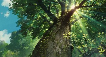 Movie still from “The Secret World of Arrietty” (2010), directed by Hiromasa Yonebayashi – A painting of a tree in the middle of a forest; Extreme Wide shot, Low angle