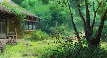 Movie still from “The Secret World of Arrietty” (2010), directed by Hiromasa Yonebayashi – A painting of a house in the middle of a lush green forest; Extreme Wide shot, Low angle