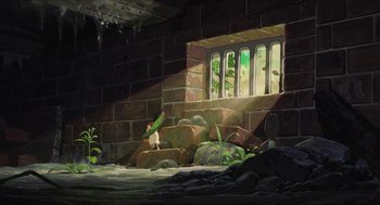 Movie still from “The Secret World of Arrietty” (2010), directed by Hiromasa Yonebayashi – A painting of a cat sitting on the steps of a brick building; Extreme Wide shot, Low angle