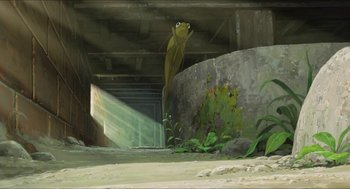 Movie still from “The Secret World of Arrietty” (2010), directed by Hiromasa Yonebayashi – An animal is standing in the middle of a tunnel; Wide shot, Low angle