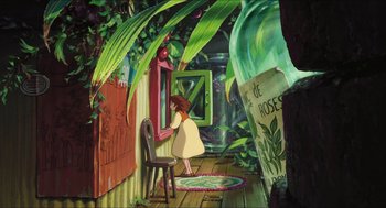 Movie still from “The Secret World of Arrietty” (2010), directed by Hiromasa Yonebayashi – A painting of a girl looking into a mirror; Wide shot, High angle