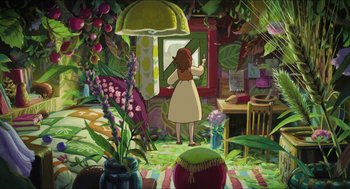 Movie still from “The Secret World of Arrietty” (2010), directed by Hiromasa Yonebayashi – A woman standing in front of a mirror in a room filled with plants; Wide shot, High angle