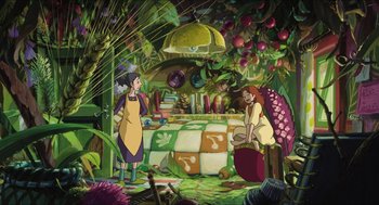 Movie still from “The Secret World of Arrietty” (2010), directed by Hiromasa Yonebayashi – A painting of two people standing in a kitchen; Wide shot, High angle
