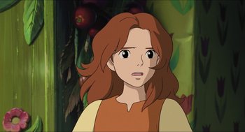 Movie still from “The Secret World of Arrietty” (2010), directed by Hiromasa Yonebayashi – A woman with long red hair is looking at the camera; Close Up shot, Over the shoulder angle