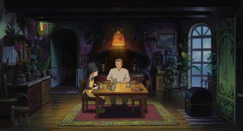 Movie still from “The Secret World of Arrietty” (2010), directed by Hiromasa Yonebayashi – Two people sitting at a table in a room; Wide shot, High angle