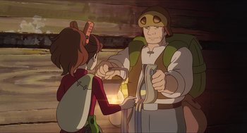 Movie still from “The Secret World of Arrietty” (2010), directed by Hiromasa Yonebayashi – An image of a woman and a man holding something; Medium shot, Over the shoulder angle