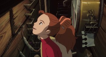 Movie still from “The Secret World of Arrietty” (2010), directed by Hiromasa Yonebayashi – A woman with long red hair is looking up; Close Up shot, High angle