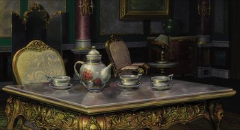 Movie still from “The Secret World of Arrietty” (2010), directed by Hiromasa Yonebayashi – An oil painting of a tea set on a table; Extreme Wide shot, High angle