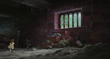 Movie still from “The Secret World of Arrietty” (2010), directed by Hiromasa Yonebayashi – An old brick wall with a window in the middle of it; Extreme Wide shot, Low angle