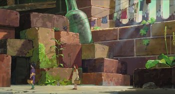 Movie still from “The Secret World of Arrietty” (2010), directed by Hiromasa Yonebayashi – A painting of a woman standing next to a green bottle; Extreme Wide shot, Low angle