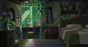 Movie still from “The Secret World of Arrietty” (2010), directed by Hiromasa Yonebayashi – An artist's rendering of a room with a bed , desk , chair , suitcase , and window; Extreme Wide shot, High angle