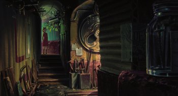 Movie still from “The Secret World of Arrietty” (2010), directed by Hiromasa Yonebayashi – An artistic painting of an old building with a lot of graffiti on the walls; Wide shot, Low angle