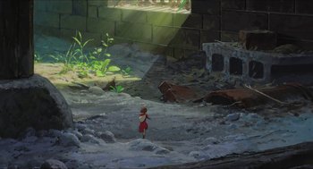 Movie still from “The Secret World of Arrietty” (2010), directed by Hiromasa Yonebayashi – An image of an animated scene of a little girl walking through the rubble; Extreme Wide shot, High angle