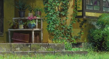 Movie still from “The Secret World of Arrietty” (2010), directed by Hiromasa Yonebayashi – A painting of a house with a garden in the background; Extreme Wide shot, Low angle