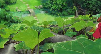 Movie still from “The Secret World of Arrietty” (2010), directed by Hiromasa Yonebayashi – A painting of green plants growing in a forest; Extreme Wide shot, High angle