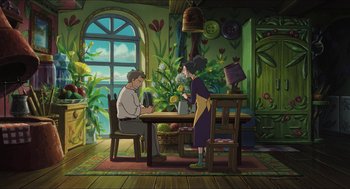 Movie still from “The Secret World of Arrietty” (2010), directed by Hiromasa Yonebayashi – Two people sitting at a table in a room; Wide shot, High angle