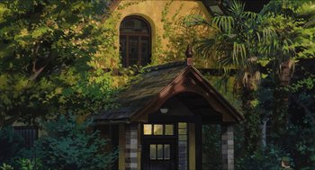 Movie still from “The Secret World of Arrietty” (2010), directed by Hiromasa Yonebayashi – An oil painting of a house with a window and a door; Extreme Wide shot, Low angle