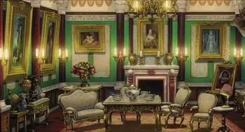 Movie still from “The Secret World of Arrietty” (2010), directed by Hiromasa Yonebayashi – An illustration of a living room with a fireplace; Extreme Wide shot, High angle
