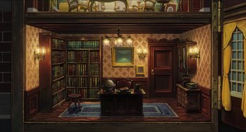 Movie still from “The Secret World of Arrietty” (2010), directed by Hiromasa Yonebayashi – An illustration of a room with a desk and bookcases; Extreme Wide shot, High angle