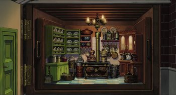 Movie still from “The Secret World of Arrietty” (2010), directed by Hiromasa Yonebayashi – An old fashioned kitchen with pots , pans and a stove; Wide shot, High angle