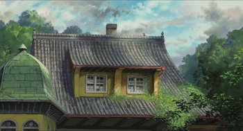 Movie still from “The Secret World of Arrietty” (2010), directed by Hiromasa Yonebayashi – A painting of an old house with two windows; Extreme Wide shot, Low angle