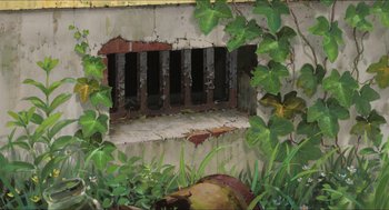 Movie still from “The Secret World of Arrietty” (2010), directed by Hiromasa Yonebayashi – An old building with ivy growing around it; Extreme Close Up shot, High angle