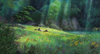 Movie still from “The Secret World of Arrietty” (2010), directed by Hiromasa Yonebayashi – A painting of a field of flowers and trees; Extreme Wide shot, Low angle