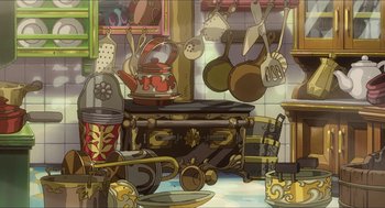 Movie still from “The Secret World of Arrietty” (2010), directed by Hiromasa Yonebayashi – An illustration of a kitchen with a stove and many pots and pans hanging on the wall; Extreme Wide shot, High angle