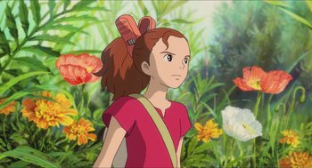 Movie still from “The Secret World of Arrietty” (2010), directed by Hiromasa Yonebayashi – A young girl with long brown hair in a field of flowers; Close Up shot, High angle