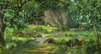 Movie still from “The Secret World of Arrietty” (2010), directed by Hiromasa Yonebayashi – A painting of a forest with a stream running through it; Extreme Wide shot, High angle
