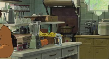 Movie still from “The Secret World of Arrietty” (2010), directed by Hiromasa Yonebayashi – A painting of a kitchen with a blender and other items on the counter; Wide shot, High angle