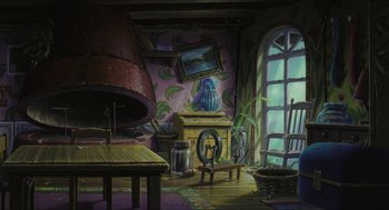 Movie still from “The Secret World of Arrietty” (2010), directed by Hiromasa Yonebayashi – An artistic painting of a room with a fireplace; Wide shot, Low angle