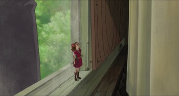 Movie still from “The Secret World of Arrietty” (2010), directed by Hiromasa Yonebayashi – A girl standing on a ledge looking out a window; Wide shot, Low angle