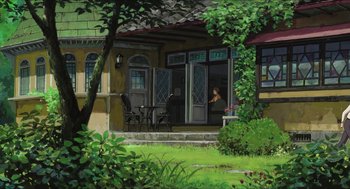 Movie still from “The Secret World of Arrietty” (2010), directed by Hiromasa Yonebayashi – An oil painting of a woman sitting on a chair outside of a house; Extreme Wide shot, Low angle