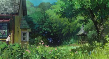 Movie still from “The Secret World of Arrietty” (2010), directed by Hiromasa Yonebayashi – A painting of a house in the middle of a forest; Extreme Wide shot, Low angle